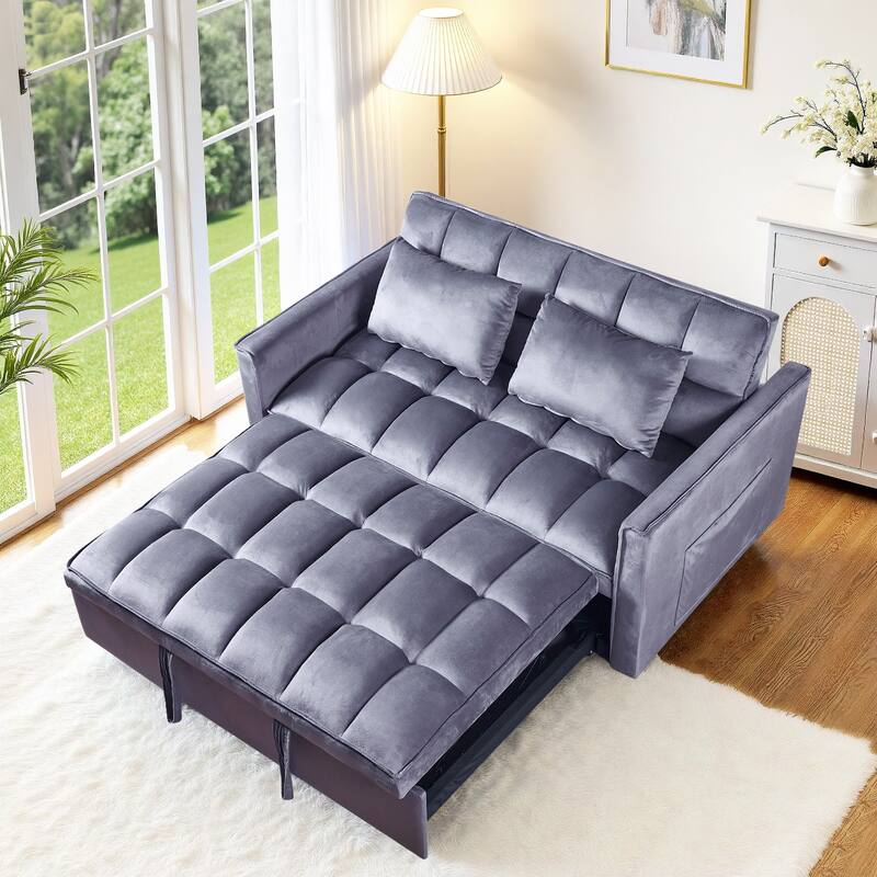 3-in-1 Convertible Sleeper Loveseat Pull Out Twin Size Suede Sofa Bed with 2 Pillows & Pocket - Dark Gray