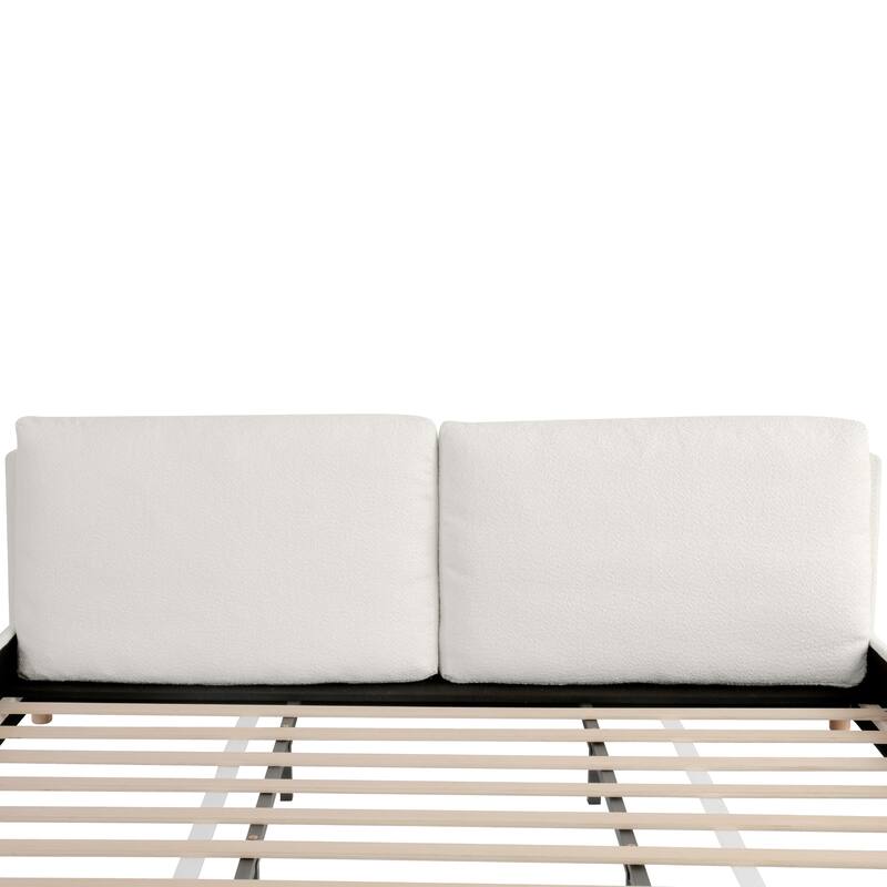 Upholstered Platform Bed with Two Removable Pillow Headboard Solid Round Legs Boucle Fabric Wood Bed Frame, No Box Spring Needed