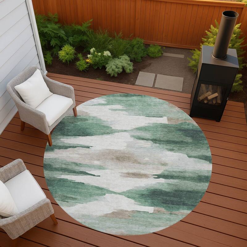 Machine Washable Indoor/ Outdoor Abstract Watercolor Chantille Rug - Green - 8' x 8'