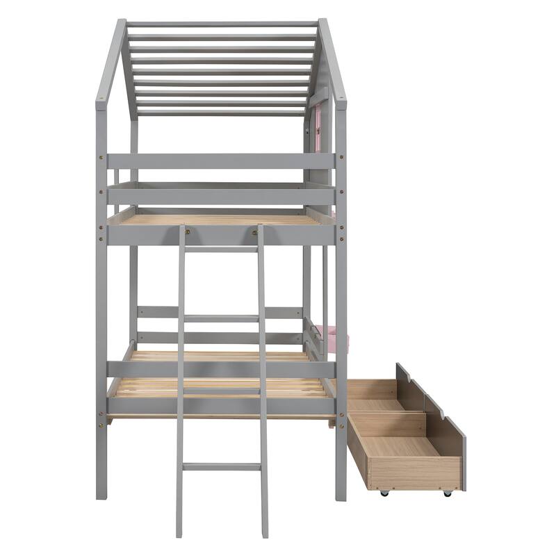 Gray Twin over Twin Solid Wood Bunk Bed with Drawers, Storage Box, and Roof