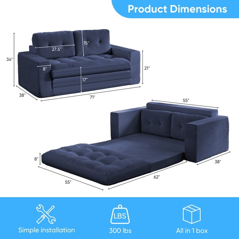 Mixoy 71'' 2-in-1 Convertible Futon Loveseat Sofa Bed,Corded Fabric Foldable Tufted Buttons 2-Seater Sleeper Sofa
