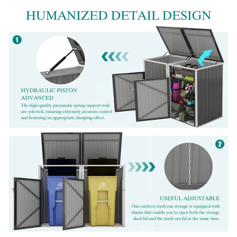 Garbage Bin Shed Stores 2 Trash Cans Metal Outdoor Bin Shed for Garbage Storage, 54 cubic feet of space