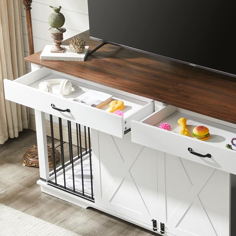 Wood Barn Door Large Dog Crate Furniture With 2 Drawers and Divider