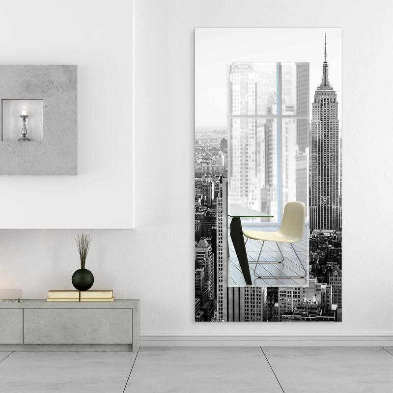 "My N.Y." Rectangular Beveled Wall Mirror on Free Floating Tempered Glass - Clear - 72 x 36