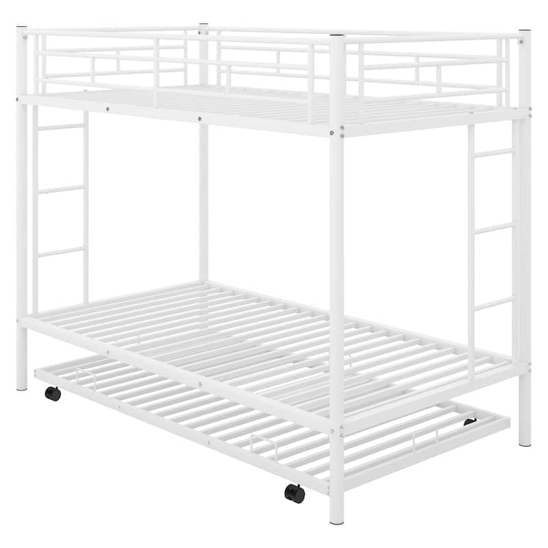 Twin over Twin Size Metal Bunk Bed with Trundle, Ladder and Fence for Bedroom