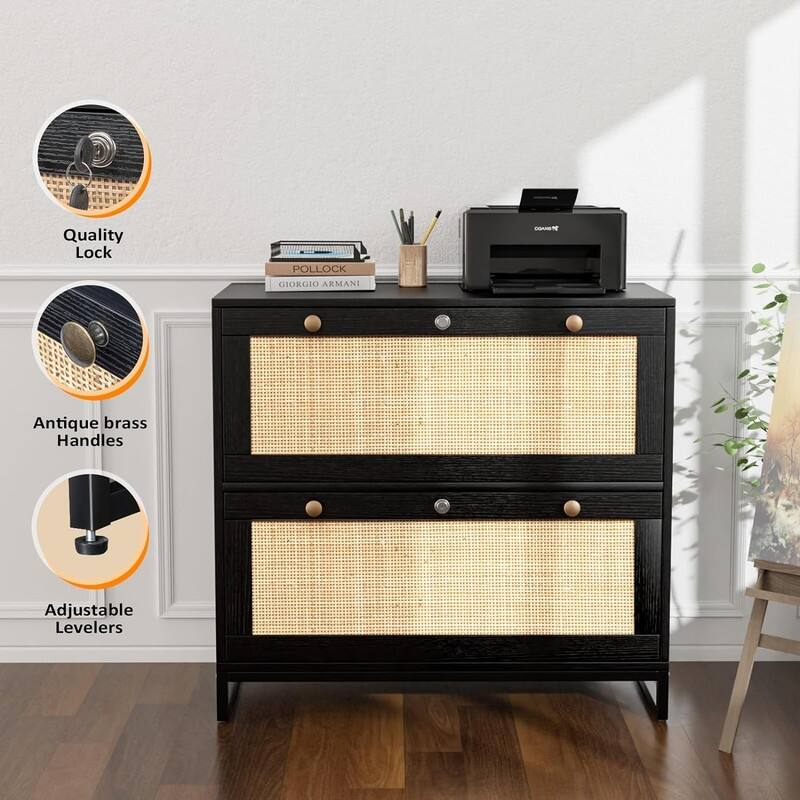 Wood Rattan 2-Drawer Lateral File Cabinet with Lock for Home Office