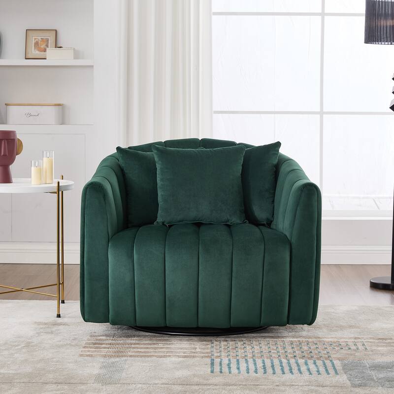 40.35"W Velvet 360° Swivel Barrel Accent Chair with 3 Pillows, Channel Tufted Pumpkin-Shaped Club Armchair for Office, Lounge
