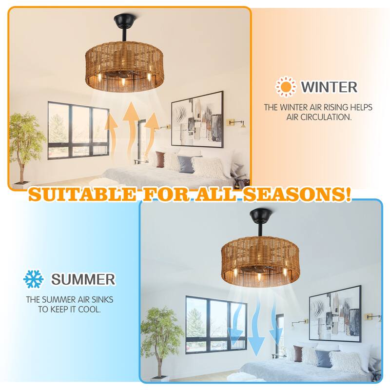 Bella Depot 18" Rustic Rattan Ceiling Fan 6-Speed Reversible Fan with 4 Light and Remote DC Motor