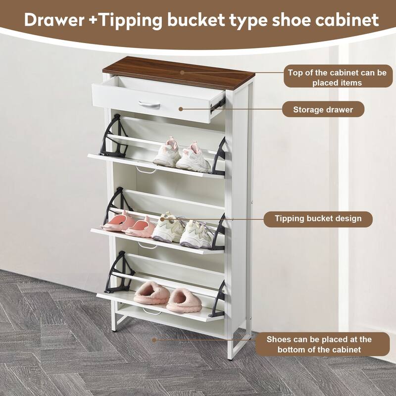 Shoe Storage Cabinet with 3 Flip Drawers&1 Drawer, Slim Freestanding Storage Racks - Ancient White,Walnut