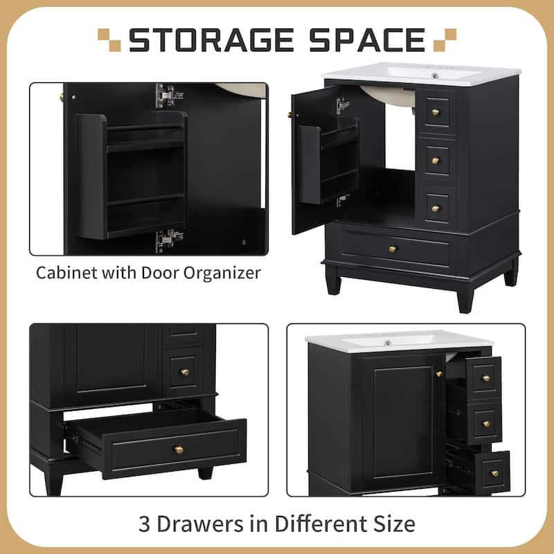 24" Bathroom Vanity With Sink And Drawers, Freestanding Vanity Cabinet With Ceramic Top And Storage Shelves, Modern Sink Cabinet
