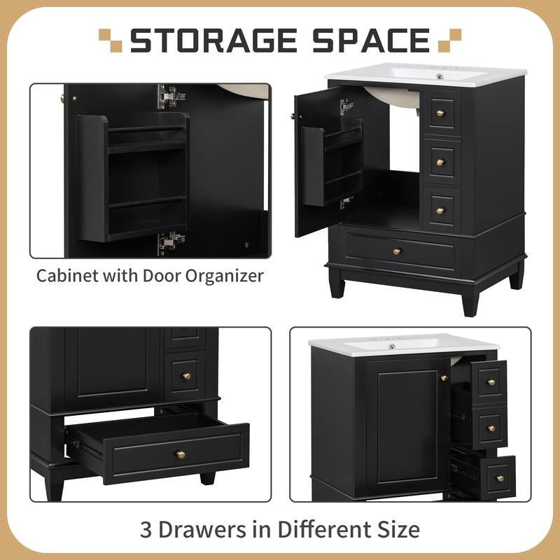 24" Freestanding Bathroom Vanity with Sink - Ceramic Top, Drawers & Shelves, MDF & Solid Wood Base, for Small Bathrooms