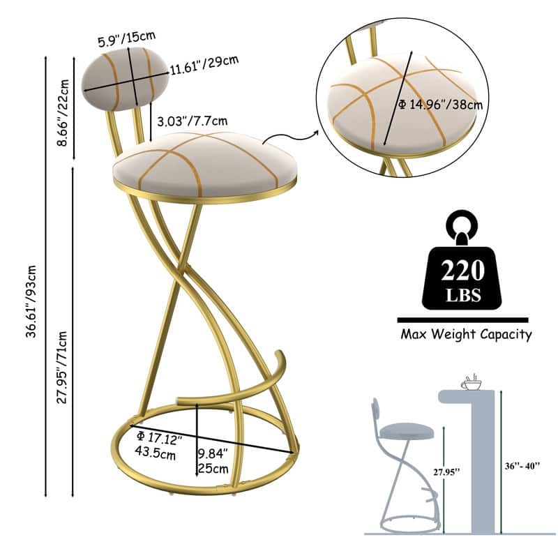 Round Bar Stools S-shaped Stripe Kitchen Stool Set of 2 Modern Velvet Upholstered Counter Chair for Dining Room