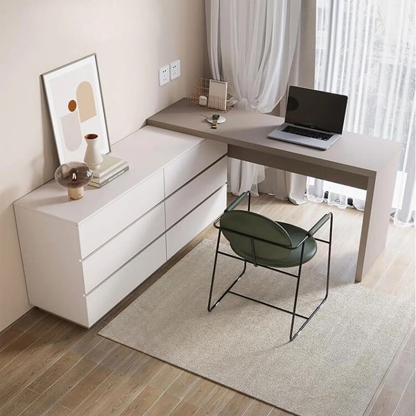 Modern Home Office Expandable Dresser Desk Combo with 6 Drawers For Home and Office - beige