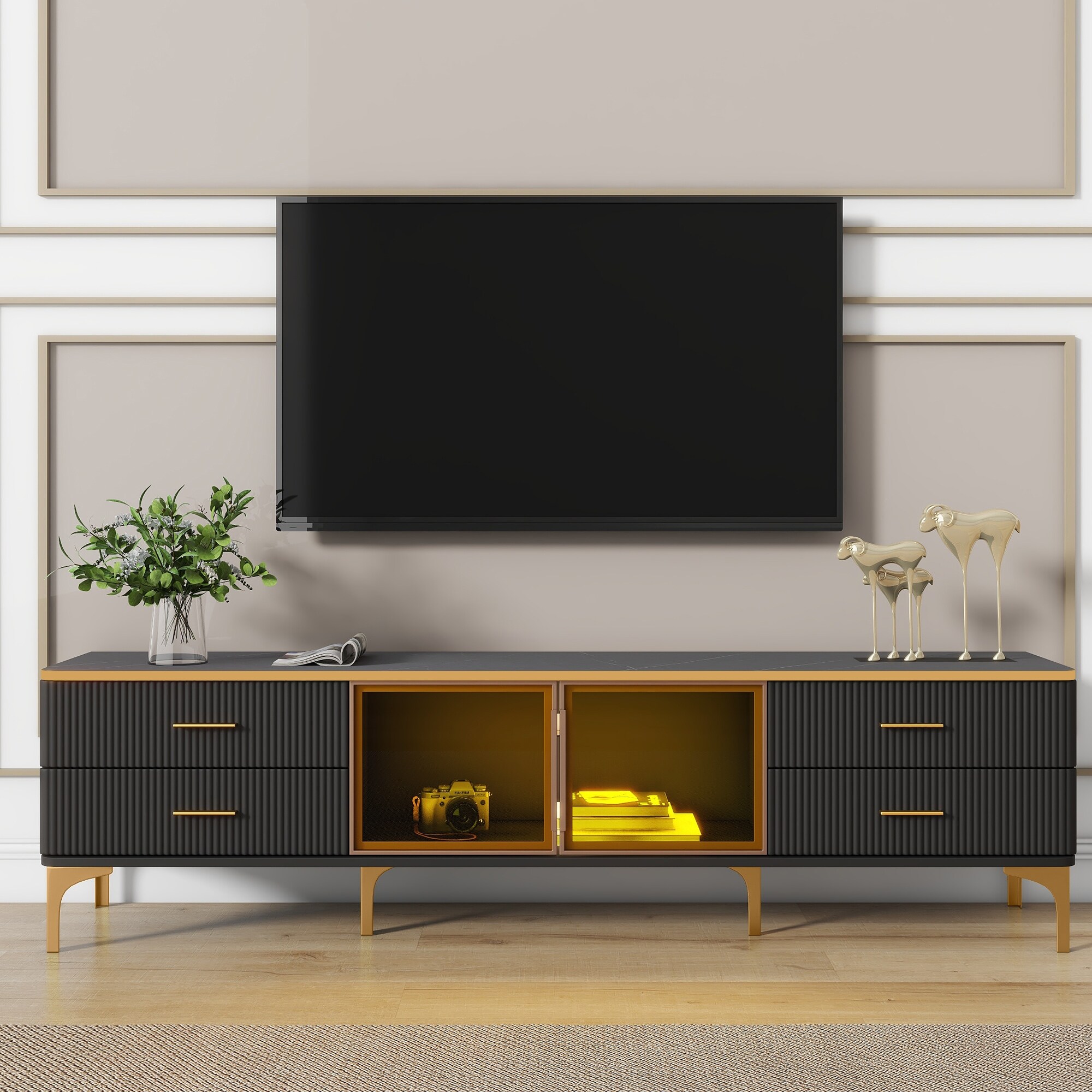 Gold and glass entertainment center sale