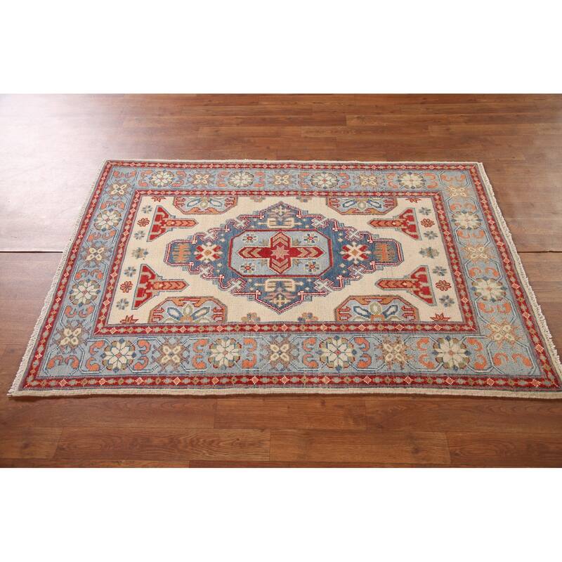 Ivory Geometric Kazak Oriental Accent Rug Handmade Wool Carpet - 3'5"x 4'11"