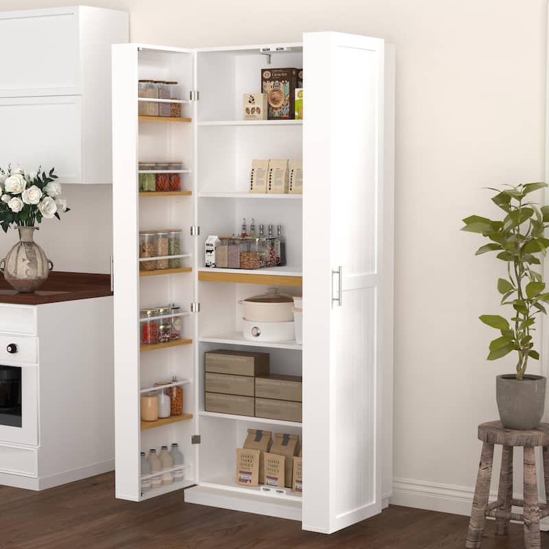 White Kitchen Pantry Cabinet with Doors and Adjustable Shelves - White
