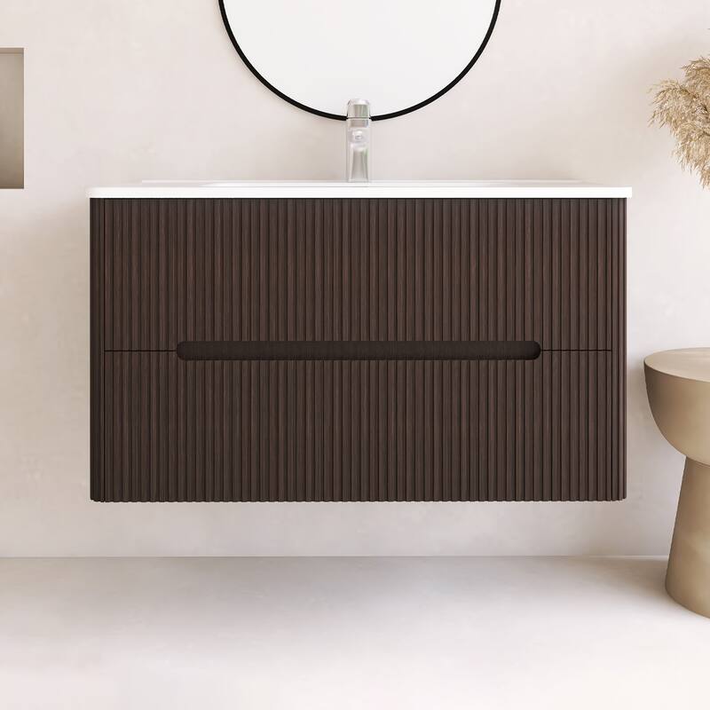 Emma 36 inch Wall-Mounted Bathroom Vanity Set with Integrated Ceramic Sink - 36"x18"x20" - Black