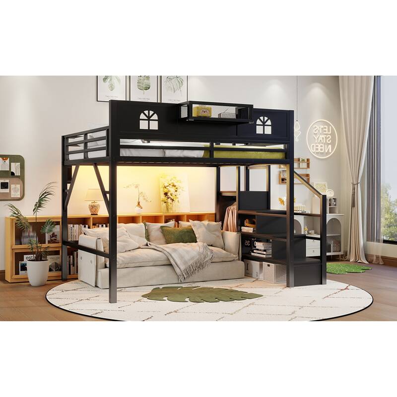 Roomfitters Full/Queen Metal Loft Platform Bed, Staircase Wardrobe and LED Charging Station with House Guardrails for Bedrooms