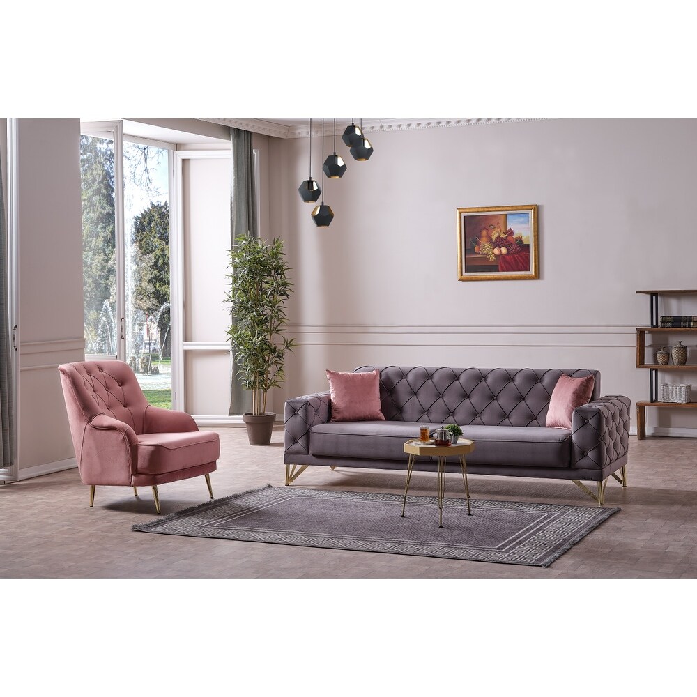 2 Piece Living Room Set Grey Sofa and Pink Chair