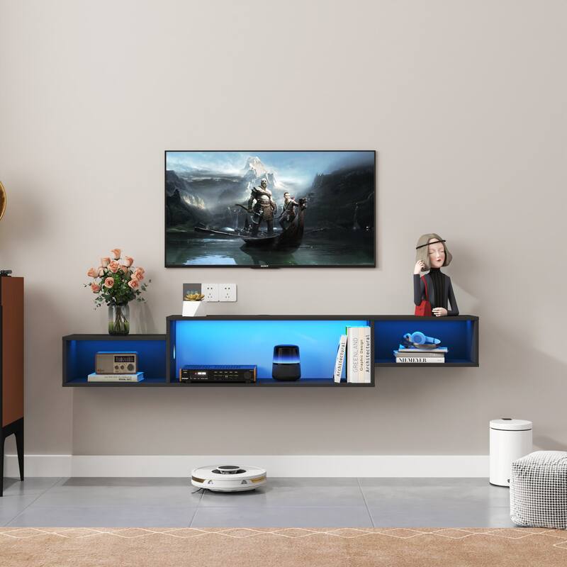 65.35-Inch Wall-Mounted Floating TV Stand – 20-Color RGB LED Backlighting & Built-in Wireless Charging Station
