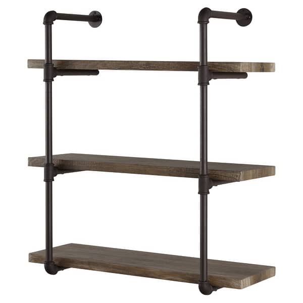 slide 6 of 5, Danya B. 3-tier Faux Wood Industrial Pipe Wall Shelf Brown