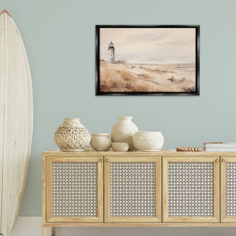 Stupell Distant Lighthouse in Neutral Tones Framed Floater Canvas Wall Art Design By Arlington Prints