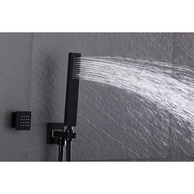 12" LED Wall Rainfall Shower 3 Way Thermostatic Faucet System w/ 6 Body Jets