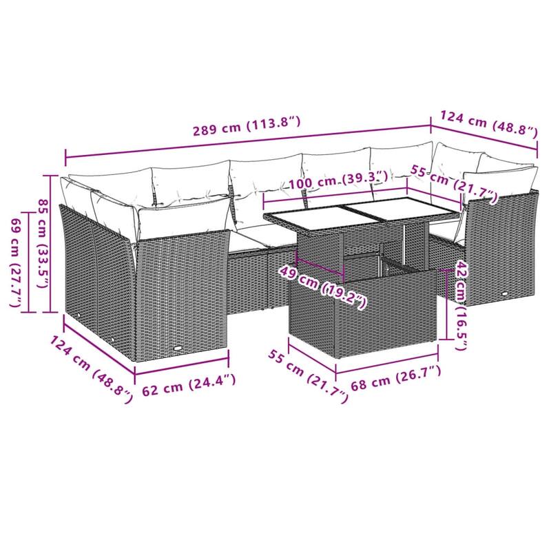 vidaXL 8 Piece Patio Sofa Set with Cushions Black/Brown/Gray Poly Rattan - 24.4 x 24.4 x 27.2