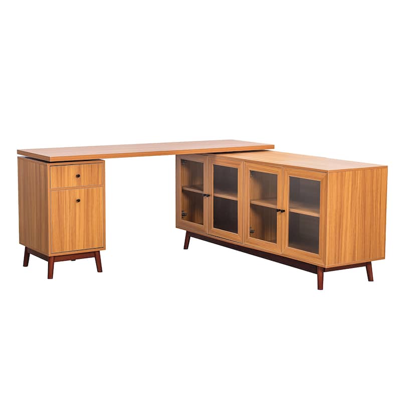 66.5" Large Office Desk with Drawers, Modern L-shaped Desk with Delicate Tempered Glass Cabinet Storage, Business Desk