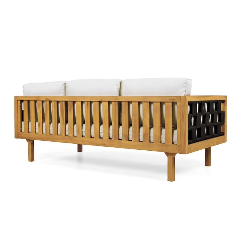 Christopher Knight Home - Modern Outdoor Patio Acacia Wood 3-Seater Daybed Sofa with Cushions, Rope Square Armrest & Teak Finish