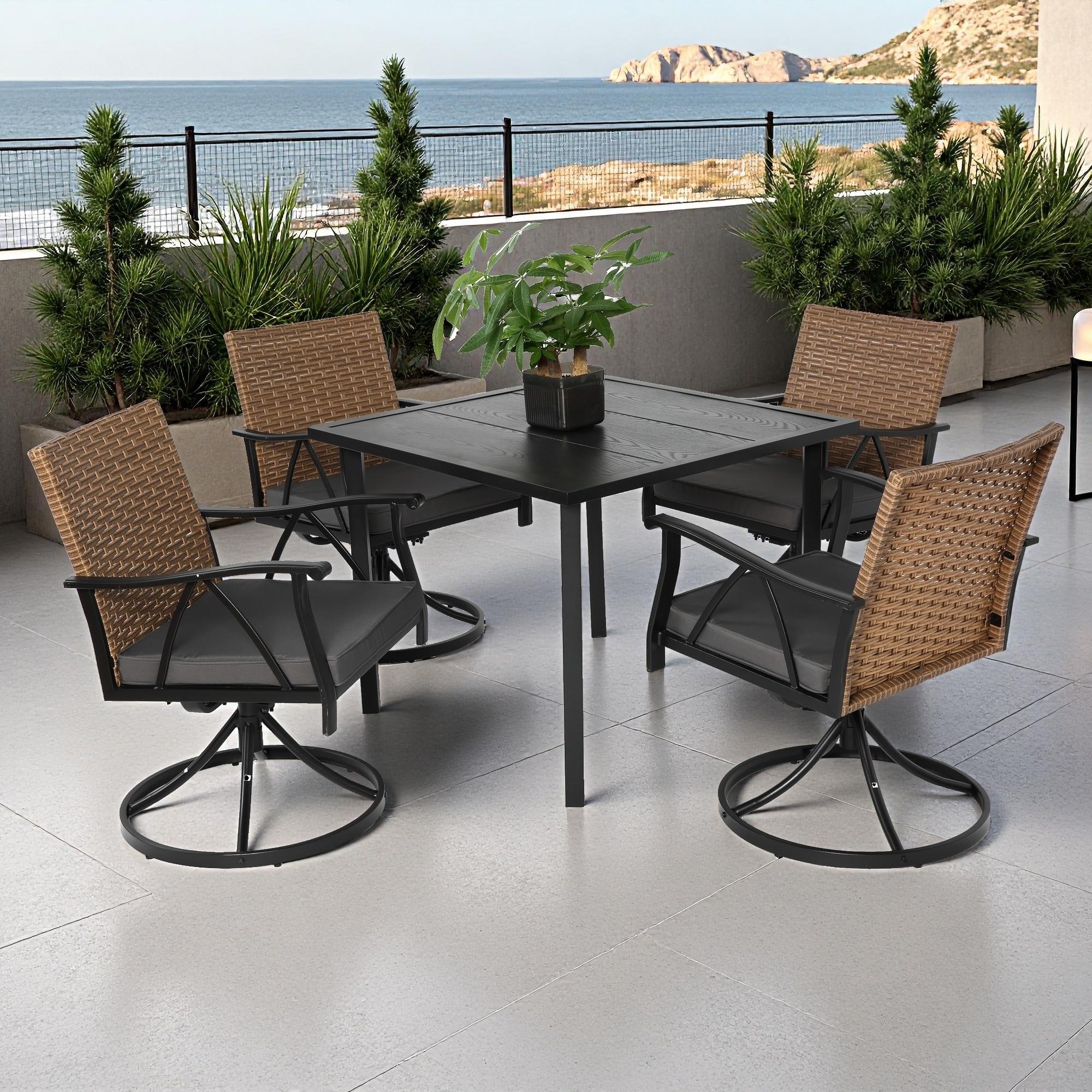 5-Piece Outdoor Patio Steel Dining Set with 35" Square Table, 4 Swivel Rocker Chairs, and Rattan Backrest