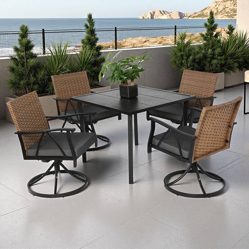 5-Piece Outdoor Patio Steel Dining Set with 35" Square Table, 4 Swivel Rocker Chairs, and Rattan Backrest - Brown+Gray