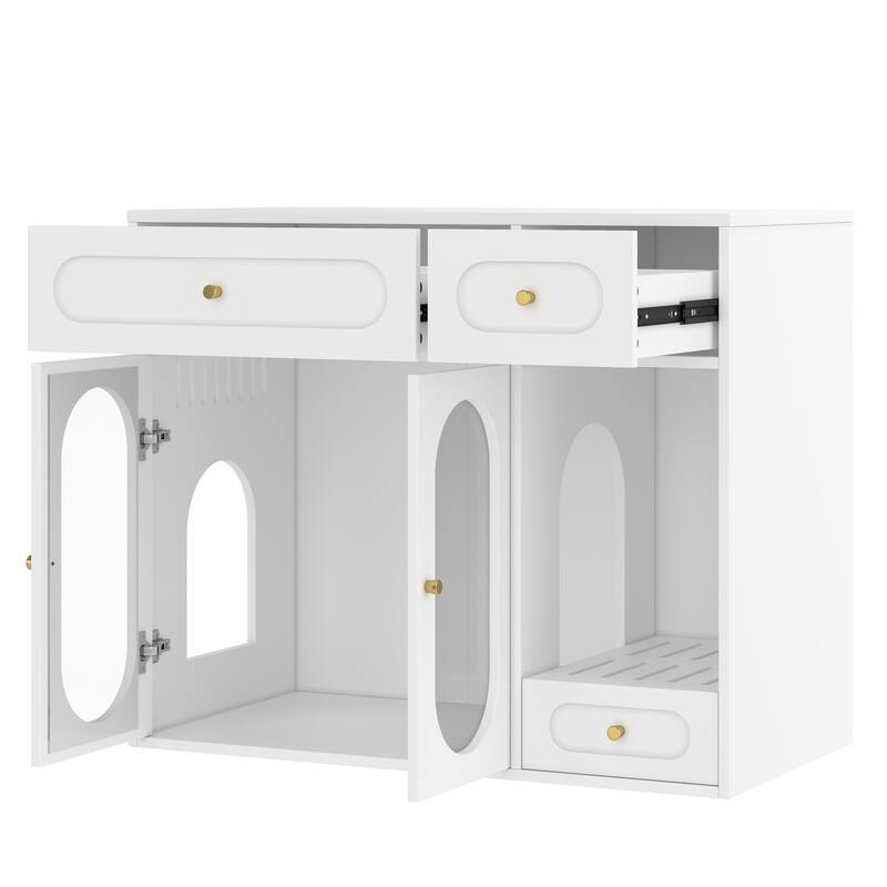 Cat Litter Box Enclosure with LED Light, Hidden Litter Box Furniture with Storage Drawers, Indoor Pet House with Acrylic Doors