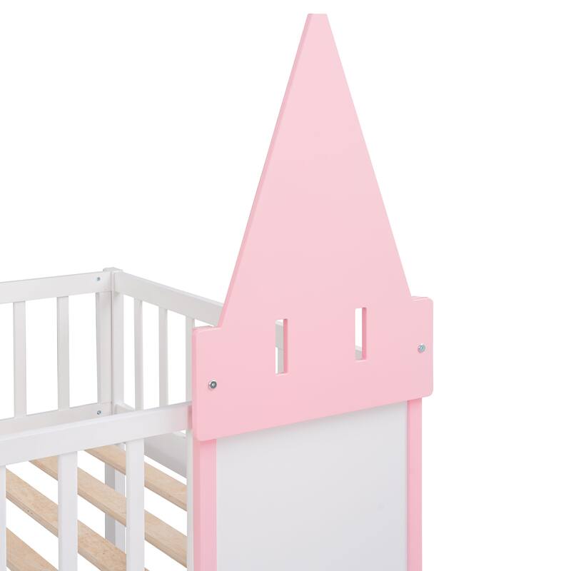 Castle Shaped Wood Bunk Bed with Door and Window, Twin Over Twin Size