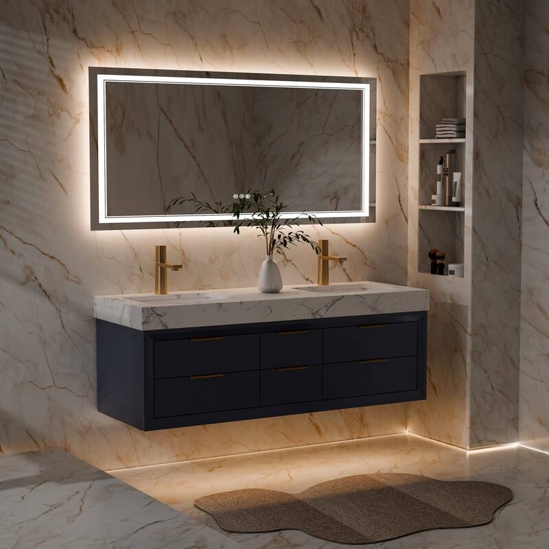 Modland 60" Modern Floating Bathroom Vanity with Double Sink, Soft-Close Drawers, White Stone Countertop