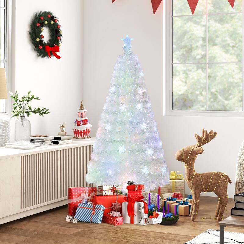 5 Feet Pre-Lit White Artificial Christmas Tree with Iridescent Leaves