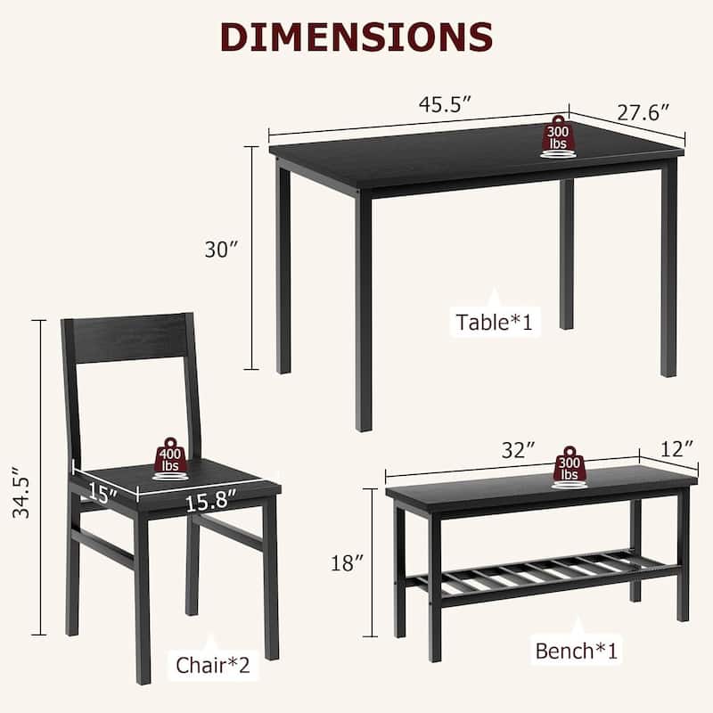 Kitchen Dining Room Table Set with 2 Chairs and Bench for Home Bistro Restaurant Patio Garden