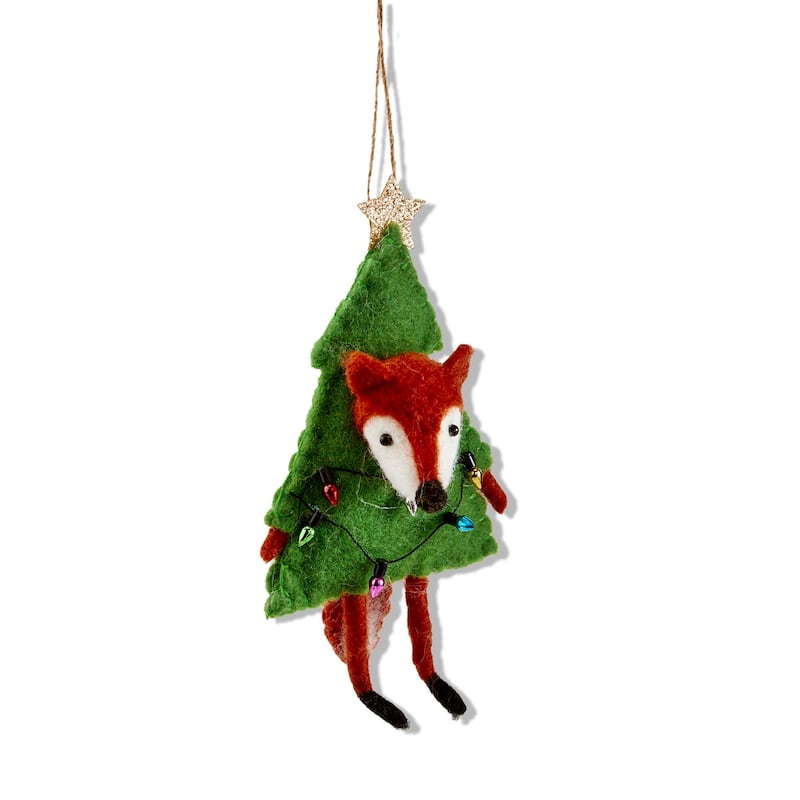 Multicolor Fox with Tree and Lights Ornament 6.5 in x 3.5 in x 4 in Wool Christmas Tree Decoration