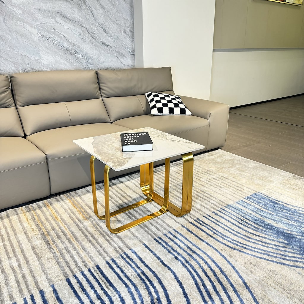 Rectangular End Table with Sintered Stone Top, Metal Frame for Living Room
