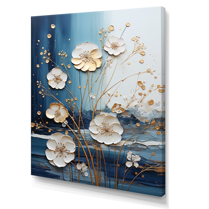 Designart "White And Blue Flower Liquid Ink V" Flowers Wall Décor White - Traditional Canvas Wall Art For Home