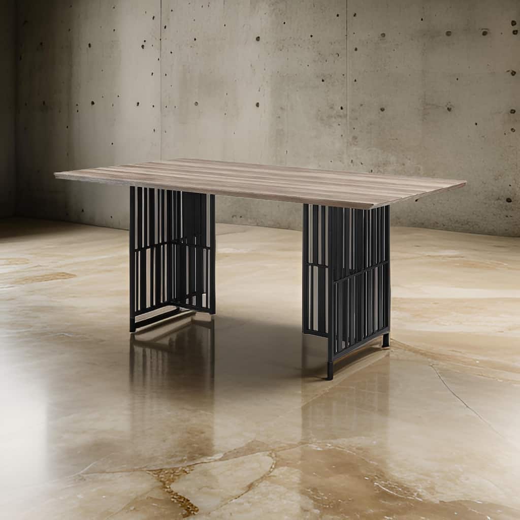 Nori 72 Inch Dining Table, Distressed Brown Top, Black Metal Slatted Base