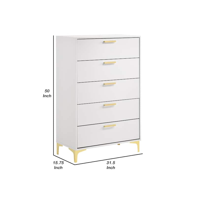 Lif 50 Inch Modern 5 Drawer Tall Dresser Chest, Gold Accents, Smooth White