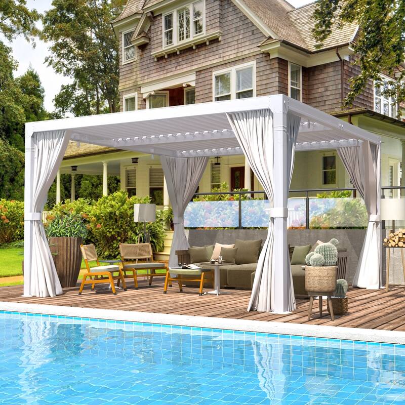 EROMMY 10x10 Adjustable Metal Roof Pergola with Curtains and Netting, Outdoor Hardtop Gazebo for Patio