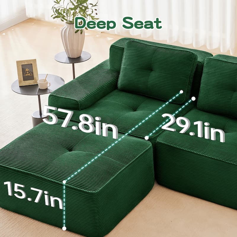 Roomfitters No Assembly Modular Sofa, 117 Inch Corduroy 3-Seater with Piping, Green