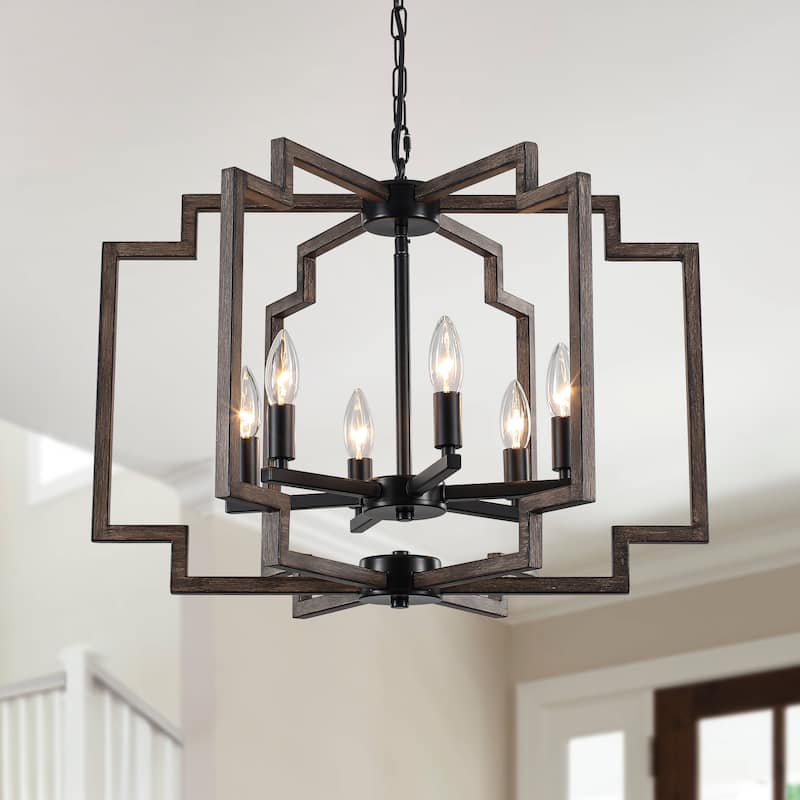 Elegant retro 6-light metal semi-openwork lampshade with adjustable height suspension rod suitable for multiple different spaces - Black and Brown
