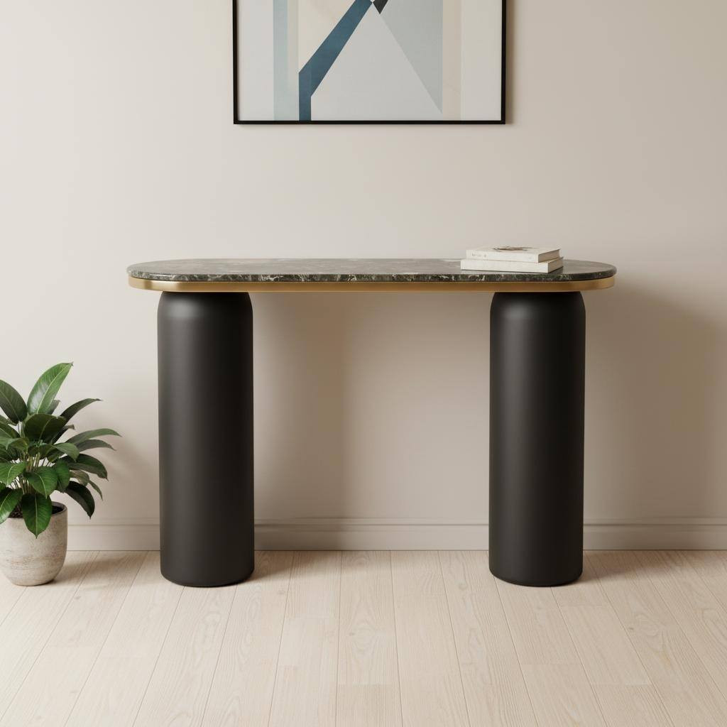 HomeRoots 43" Black and Gold Genuine Marble and Steel Double Pedestal Console Table - 43.00 in. x 30.30 in. x 13.00 in.