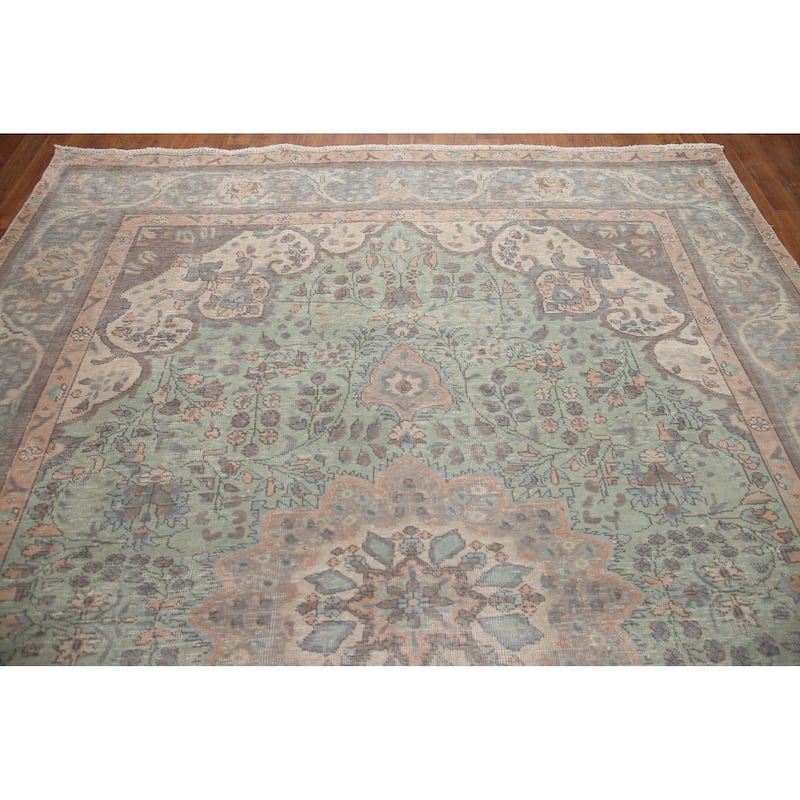 Hand Knotted Oriental 100% Wool Carpet Traditional Floral Green Tabriz Area Rug - 11' 7'' X 8' 1''