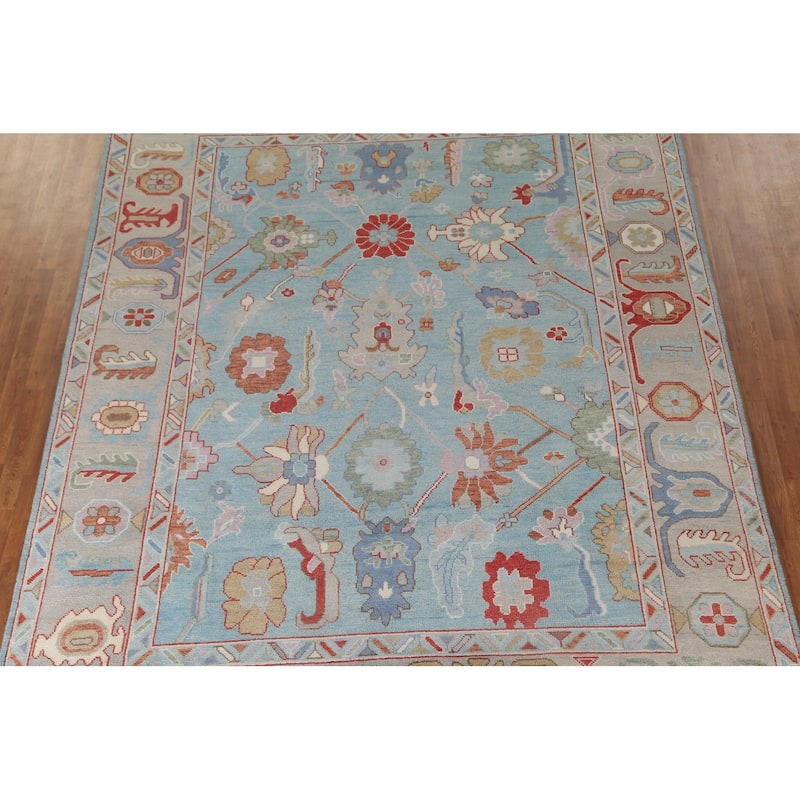 Light Blue Oushak Style Area Rug Handmade Wool Carpet - 9'0" x 11'9"