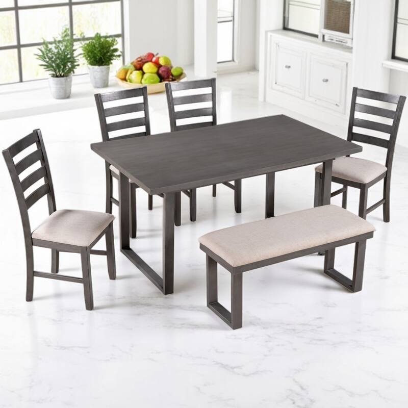 6-Piece Dining Set, Solid Wood Dining Table with 4 Upholstered Chairs & Bench, Minimalist Design for Kitchen, Dining Room