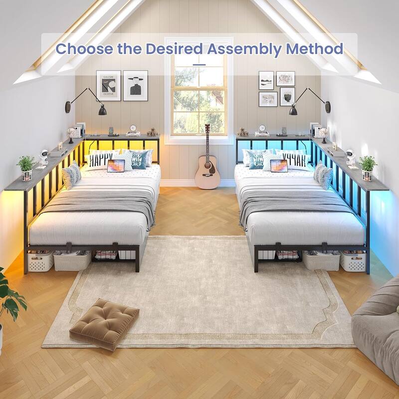 Corner Bed Frame 2 Storage Drawers Daybed Charging Station LED Lights
